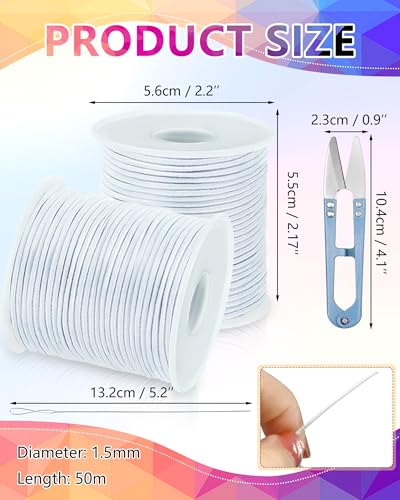 2 Rolls FIVEIZERO White Elastic Bracelet String Total 330 Feet,1mm,1.2mm,1.5mm Elastic Cord for Beading Stretchy String with Beading Needle for Bracelets, Sewing, Necklace, Jewelry Making and Crafts - size: 1.5MM, style: White