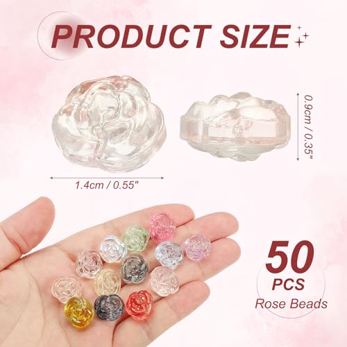 uxcell 50 Pcs Rose Beads, 0.55" Glass Flower Rose Charm Carved Loose Spacer Crystal Craft Beads for DIY Jewelry Making Bracelet Beading Projects Supplies, Pink - color: Pink