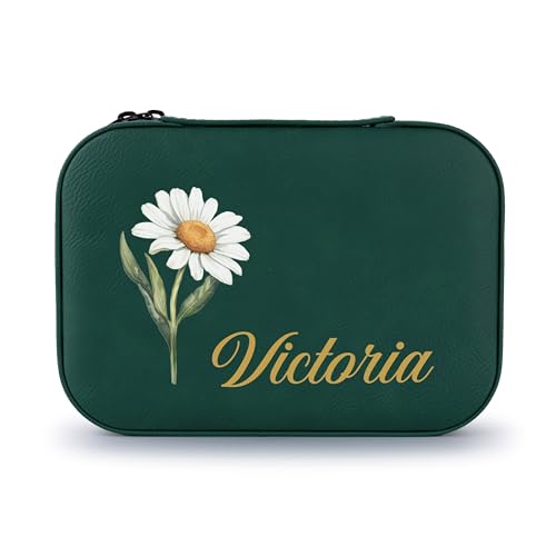 Custom Leather Jewelry Box with Name & Birth Flower Month, Birthday Gifts for Women, Personalized Jewelry Travel Case - Customized Jewelry Organizer Box, Mom Birthday Gifts, Emerald - color: Emerald