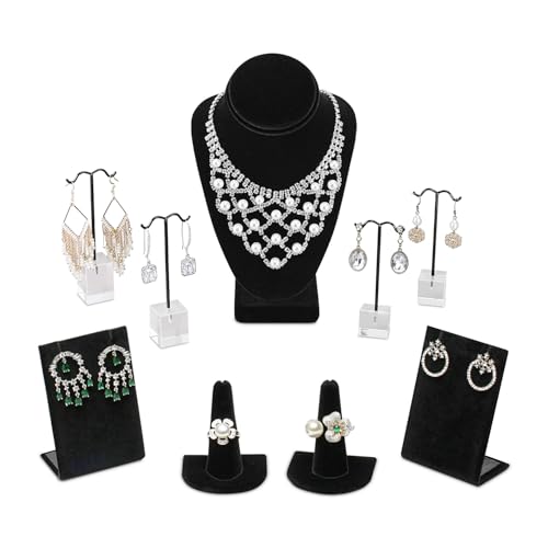 MOOCA Jewelry Display Set, Necklace Display Bust, Earring Organizer, Ring Holder Stand for Showcase and Store, Premium Fabric - color: 4) 9 piece. Black Velvet