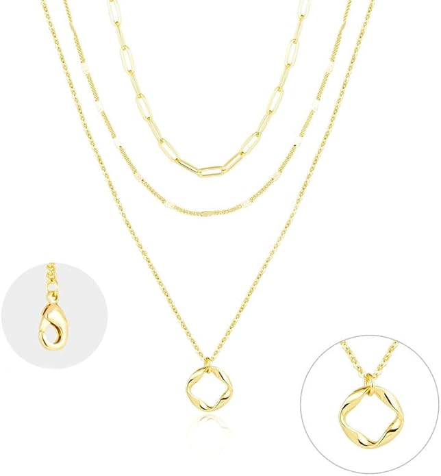 Evabelle Gold Layered Necklace for Women Trendy Jewelry 14K Real Gold Plated Chunky Chain Stackable Necklaces Dainty Choker Necklaces Rectangle Square Pendant