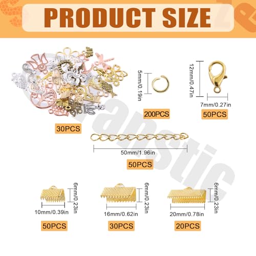 Tanstic 430Pcs Gold Ribbon Ends Fastener Clasps Kit, Bookmark Pinch Crimp Ends with Open Jump Rings, Lobster Claw Clasps, Chain Extenders and Pendant Charms for DIY Crafts - color: Gold Ribbon Ends