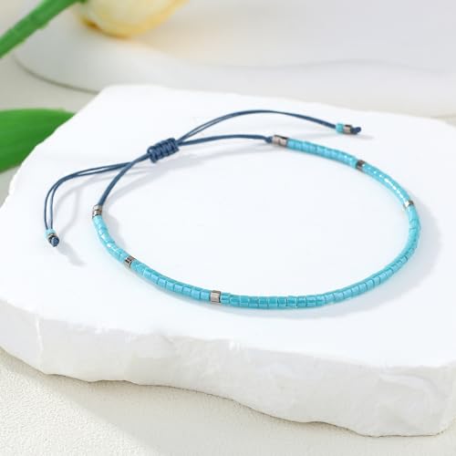 KELITCH Adjustable turquoise bead bracelet single color knitting friendship bracelet fashion jewelry daily wear gift (28 color selection) - color: Blue 04R