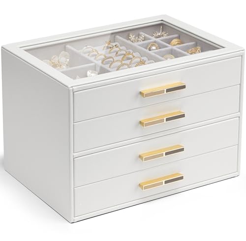 VLANDO Jewelry Box for Women, Glass Lid Jewelry Organizer with 4 Drawers for Necklaces Rings Earrings Bracelets Christmas Gift - White - color: E. White, size: 4-Layer