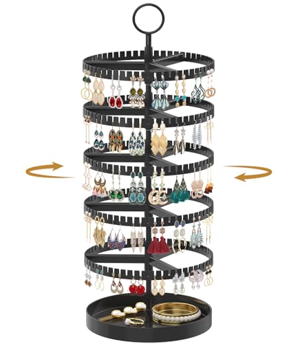 MODOWEY 5 Tier Rotating Earring Holder Organizer Display Tree with Metal Tray, Adjustable Plastic Stand with 285 Slots for Stud Hoop Hanger, Large Capacity Storage Rack for Women Space Saving, Black - color: Glossy Black