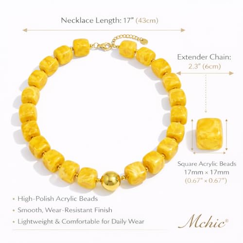 Mchic Colorful Beaded Choker Necklace for Women: Boho Large Square Acrylic Beaded Necklace Stainless Steel Adjustable Surfer Beach Strand Necklaces Summer Handmade Jewelry Gift for Women - color: Yellow