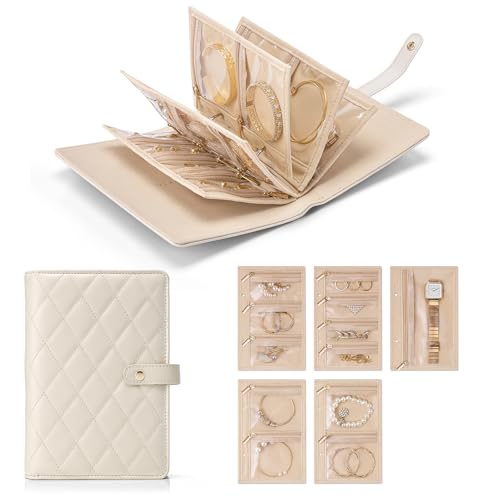 VLANDO Travel Jewelry Organizer Case,Large Jewelry Storage Book Ring Binder with Clear Zipper Velvet Jewelry Pouches Bags for Rings,Bracelet,Earrings-Cream White - color: 01.Cream White