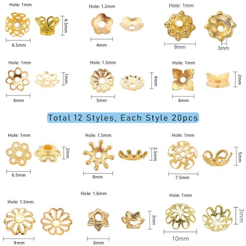 SUNNYCLUE 1 Box 240Pcs Metal Bead Caps 12 Different Flower Bead Ends Filigree Petal Brass Bead Caps Alloy Beads Spacer Accessories with Clear Box for Jewelry Making, Golden - color: 240pcs Golden