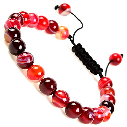 MASSIVE BEADS Natural Healing Power Gemstone Crystal Beads Unisex Adjustable Macrame Bracelets - color: Agate Red, size: 8mm