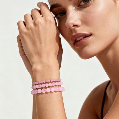 3Pcs Natural Healing Crystal Bracelets for Women Men, 4mm 6mm 8mm Beaded Stretch Bracelet Set, Black Tourmaline Natural Stone Gemstone Jewelry Gifts for Meditation, Reiki & Yoga - color: Rose Quartz