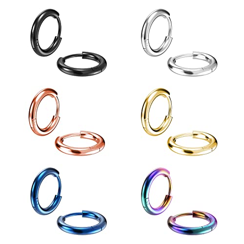 316L Surgical Stainless Steel Small Hoop Earrings 8mm 10mm 12mm 14mm Hypoallergenic Huggie Hoop Earrings Helix Lobes Hinged Sleeper Earrings Cartilage Piercings - color: A: Diameter 8mm (6 Color),6 Pairs
