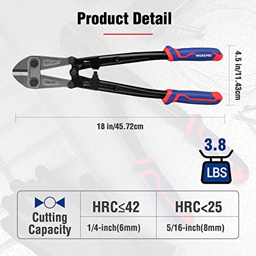 WORKPRO 18" Bolt Cutter, Chrome Molybdenum Steel Blade, Heavy Duty Bolt Cutter with Soft Rubber Grip, Cutting Tool for Cut Chain, Wire, Screw, Rivet, Black,blue,red - size: 18"
