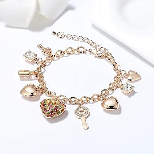 SILANER Gold Chain Link Bracelet - 7"+ 2" Extender 14K Gold Plated Love Locked Bracelets for Women, with Crystal, Love Heart,Key, Lock, Charm Bracelet - color: Multicolor Crystal Love Locked Gold Charm