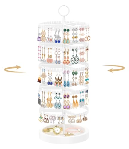 MODOWEY 5 Tier Rotating Earring Holder Organizer Display Tree with Wooden Tray, Adjustable Plastic Stand with 285 Slots for Stud Hoop Hanger, Large Capacity Storage Rack for Women Space Saving, White - color: Solid White