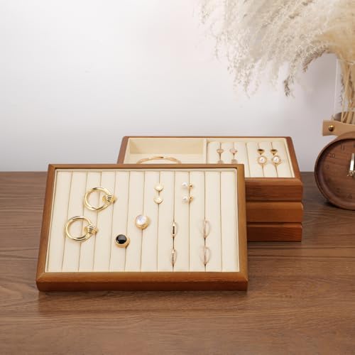 11 Slots Solid Wood Jewelry Tray Microfiber Ring Earring Drawer Organizer Holder for Storage Display (Cream White) - style: 11 Slot