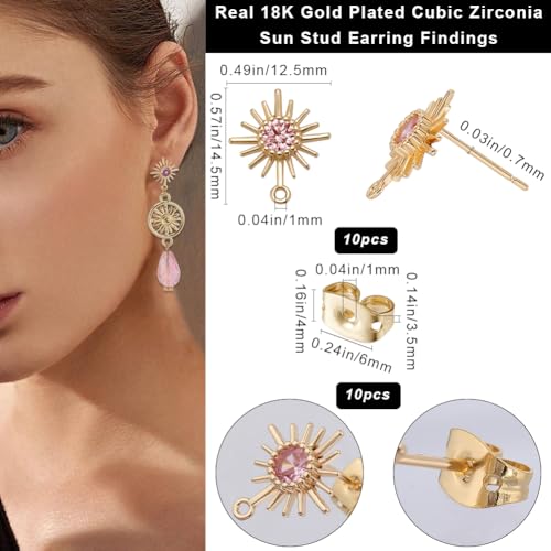 Beebeecraft 1 Box 10Pcs Sun Stud Earring Finding 18K Gold Plated Earring Post with Pink Cubic Zirconia Earring Component for Jewelry Making - color: Gold, Rose Cz