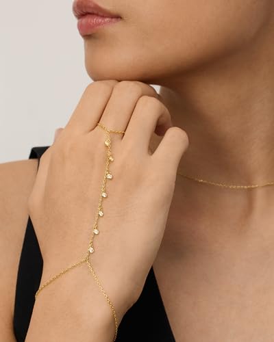 PAVOI 14K Gold Plated Hand Chains for Women - Adjustable Hand Chain Bracelet and Ring - Trendy Gold Handchain Bracelet Stack Summer Jewelry - Beads, Pearl, and Cubic Zirconia Body Jewelry - style: Climber CZ