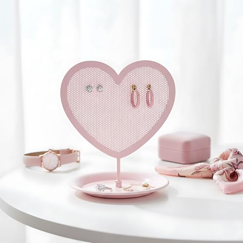 Earring Holder for Girls – Heart-Shaped Pink Metal Stand Jewelry Organizer with Tray for Rings & Bracelets, Cute Vanity Display for Teen Room Decor