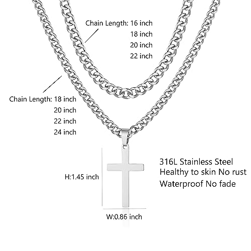 SENRAN Layered Cross Necklace for Men Boys Stainless Steel Layered Cuban Link Chain 16-24 inch Christian Cross Pendant Religious Jewelry Gifts - color: Silver, style: 22inch/24inch
