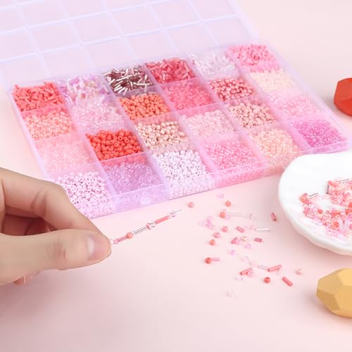 ZHIYUXI 7500Pcs Pink Glass Seed Beads Kit for Jewelry Making with Bugle Tube Bead 24 Colors Waist Embroidery Beads for DIY Bracelet Necklace Making Craft Beading Kit - color: E-Pink