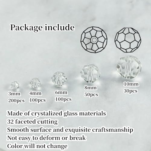 480pcs Crystal Glass Beads 3mm 4mm 6mm 8mm 10mm Round Faceted Glass Spacer Beads for Bracelets Necklace Earring DIY Jewelry Making Craft(Clear) - color: Clear