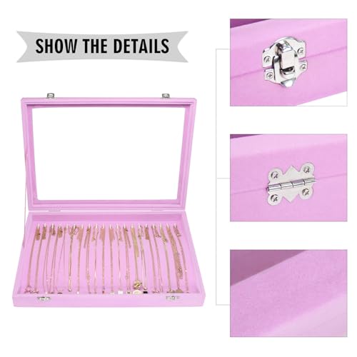 Siveit Necklace Organizer Box Premium 20 Hooks Velvet Necklace Display Jewelry Tray with Transparent Lid Jewelry Necklace Display Box for Necklace Pendants Suitable for Women and Girls (Pink) - color: Pink