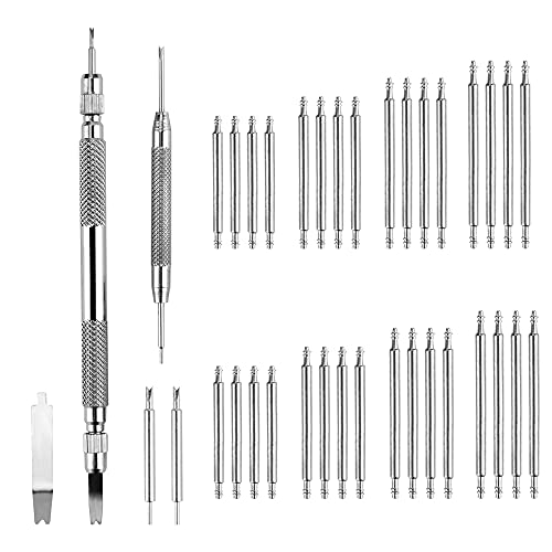 Spring Bar Tool, Watch Band Tool Set, Watch Wrist Bands Strap Removal Repair Fix Kit with Extra 3 Tips Pins & 40PCS Heavy Duty Stainless Steel Pins - color: 45pcs Silver