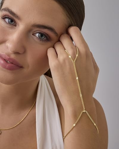 PAVOI 14K Gold Plated Hand Chains for Women - Adjustable Hand Chain Bracelet and Ring - Trendy Gold Handchain Bracelet Stack Summer Jewelry - Beads, Pearl, and Cubic Zirconia Body Jewelry - style: Crimp Chain