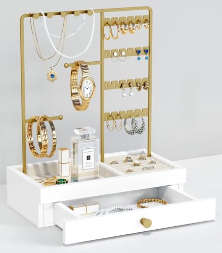Goozii Gold Jewelry Stand Organizer Necklace Holder, Birthday Gifts for Women Girls, Small Jewelry Stand for Earrings Rings Bracelets, Velvet Jewelry Hanger Tree, Mothers Day Gifts - White and Gold - color: White and Gold