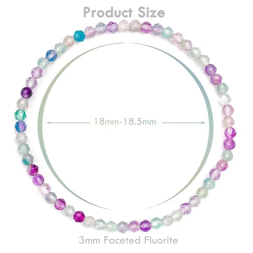 BONNY BOXX Natural Genuine Gemstone Faceted Round Beads Bracelets, 3mm Adjustable Stretchy Tiny Faceted Black Tourmaline Bracelet, Healing Crystal Reiki Chakra Dainty Jewelry Fashion Gifts - color: Fluorite