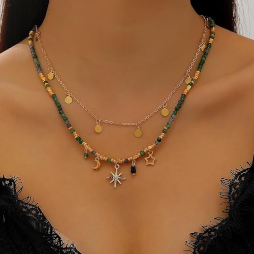 Rrdaily Layered Bohemian Colorful Beaded Necklace Bracelets for Women,Stacked Coin Disc Pendant Necklace Set Ethnic Holiday Trendy Jewelry Accessories Jewelry