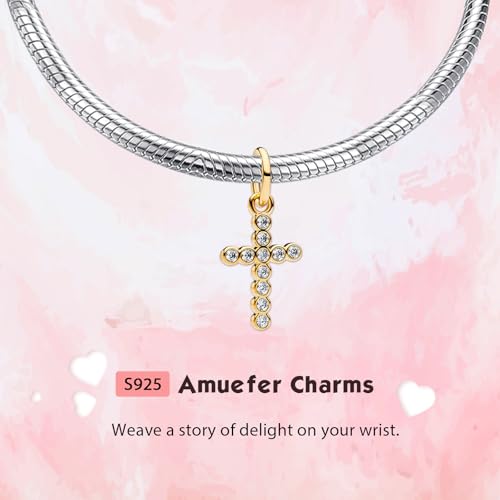 S925 Bead Dangle Charms for Bracelets Necklaces, Compatible with Pandora - style: Cross Charm 14K Gold Plated