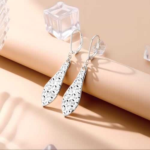 ALEXCRAFT 925 Sterling Silver Dangle Earrings for Women, 14K Gold Plated French Leverback Earrings, Hypoallergenic Lightweight Statement Hammer Square Bar Long Drop Earing for Women Trendy Jewelry - color: SilverB