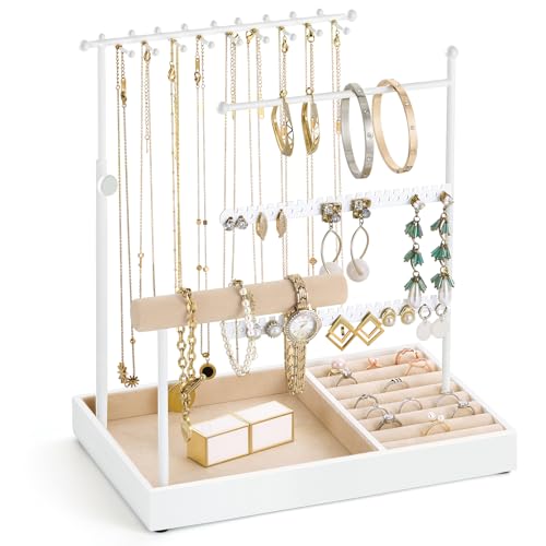 Emibele Jewelry Holder, Jewelry Organizer Stand Necklace Earring Bracelet Holder, 5 Tier Jewelry Display Tower Rack with Metal Frame and Velvet Ring Tray, Aesthetic Jewelry Stand Gift for Women, White - color: White