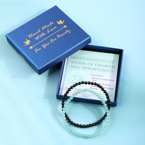 NCB 2.3-Piece 4mm Natural Crystal Gemstone Stretch Bracelets – Handmade Reiki Energy Healing Jewelry for Meditation,Yoga, Unisex - color: 2PCS ( Black Onyx+Green Aventurine ), size: 4mm