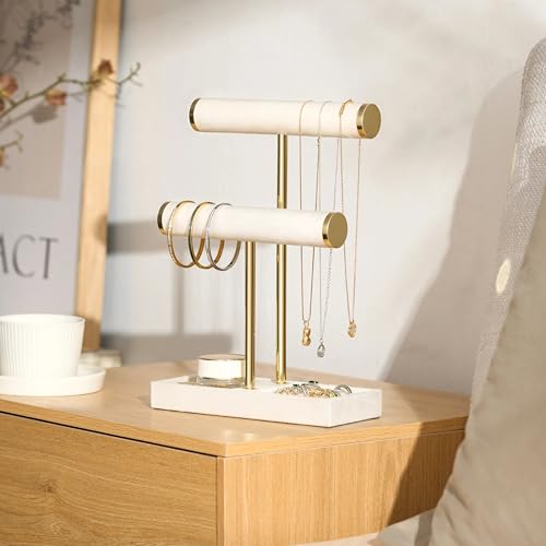 bussdis 2 Tier Bracelet Holder Display - Detachable T Bar Beige Velvet Bracelet Holder, Jewelry Holder Organizer for Bracelet, Necklace, Earrings, Rings - color: Beige
