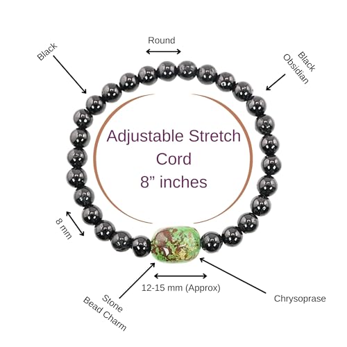 Black Obisidian Bracelets for Men 8" Inch Full Stretch Healing Crystal Bracelet, Beaded Charm Bracelet for Men Gifts Fathers Day Anniversary Birthday Gifts for Him - color: Chrysoprase & Black Obsidian Charm Bracelets