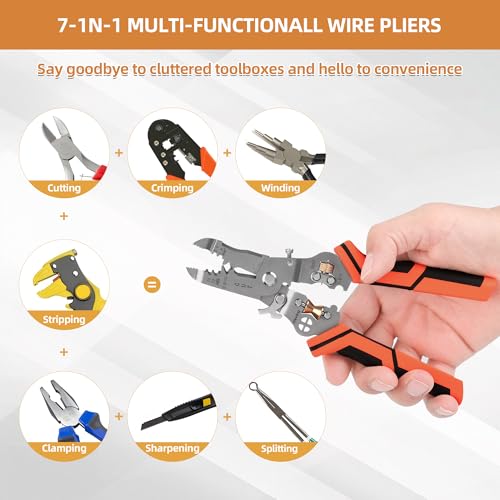 Wire Stripper Cutter Crimping Tool - 9 in 1 Wire Stripper Tool with Cutter Crimper Function AWG 22-10 Wire Cutters Pliers for Wire Splitting,Stripping,Cutting,Crimping, Clamping,Winding,Sharpening
