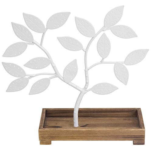 MyGift Earring Storage Rack Organizer, White Metal Jewelry Tree, Necklace and Bracelet Hanger with Wooden Ring Tray Trinket Holder - Holds 68 Pairs of Earrings - color: White