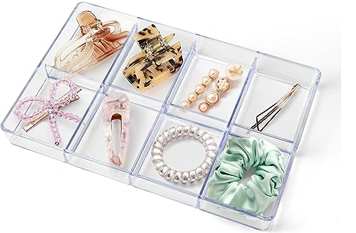 carrotez Small Stackable Jewelry Organizer Tray, 8 Grid, Clear Plastic Drawer Organizer for Makeup, Accessories, Desk, Vanity
