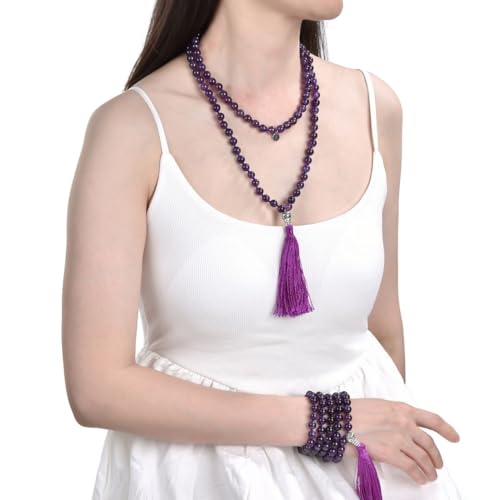 Adabele Premium 108 Mala Beads Malas Necklace - Natural Healing Gemstone Tibetan Buddhist Japa Prayer Meditation Reiki Chakra Stone Quartz Rock Women Men Jewelry - style: Amethyst