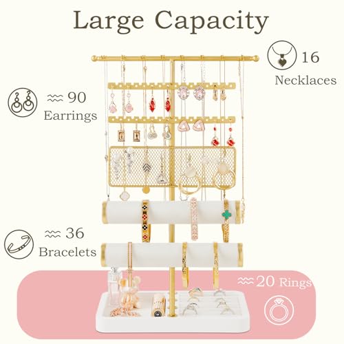 Poyilooo 4 Tier Jewelry Organizer, Earring Holder Jewelry Stand for Necklace Earring Keychains Bracelet Rings Display Jewelry Tree Stand Christmas Gifts for Women (Whitegold) - color: White&gold