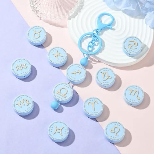 LiQunSweet 12 Pcs Silicone Focal Beads Rubber Silicone Beads Round Twelve Constellations 12 Zodiac Signs Bead Charms for Bracelet DIY Keychain Making Craftings Necklace Lanyard - color: Zodiac Signs Silicone Bead_12 Pcs