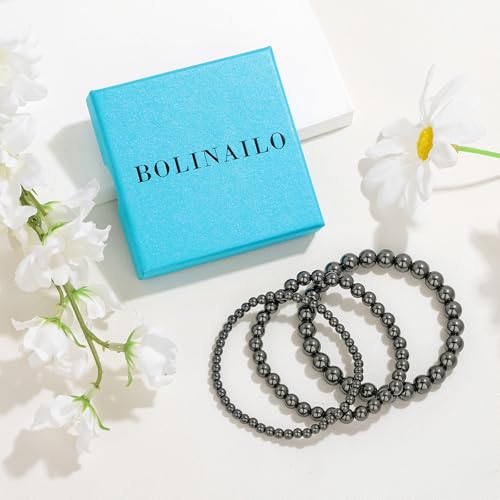 3Pcs Natural Healing Crystal Bracelets for Women Men, 4mm 6mm 8mm Beaded Stretch Bracelet Set, Black Tourmaline Natural Stone Gemstone Jewelry Gifts for Meditation, Reiki & Yoga - color: Hematite