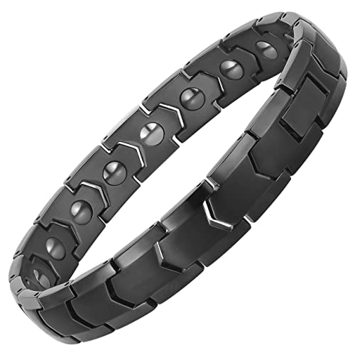 Magnetic Hematite Bracelets for Men Women 316L Stainless Steel Power Balance Energy Magnets Stones Bracelet Jewelry Gift with Adjustment Tool - color: Black