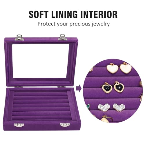 Vicoter Rings Organizer Tray 7 Slots Velvet Jewelry Earring Storage Box with Transparent lid Jewelry Display Case for Girls Wife Mom Women (Purple) - color: Purple