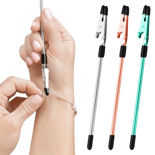 CraftyCrocodile Set of 3 Bracelet Helper Tool - Fastener Tool for Bracelet, Necklace, Jewelry, Watch - Сlip, Clasp Helper - Easy to Put on Yourself, Portable, Made of Metal, Silver, Rose, Teal - color: Silver, Rose, Teal