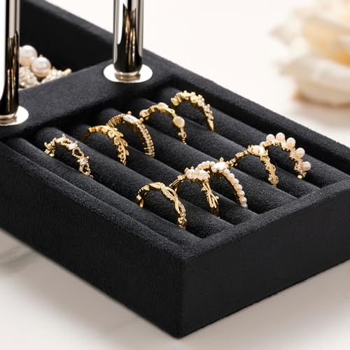 bussdis 2 Tier Bracelet Holder Display - Detachable T Bar Black and Silver Velvet Bracelet Holder, Jewelry Holder Organizer for Bracelet, Necklace, Earrings, Rings - color: Black and Silver