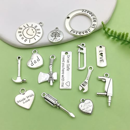 Sailanzi 45pcs Ancient Silver Father's Day Series Set Hammer, Wrench, Screwdriver Jewelry Making DIY Keychain Earrings Pendant Various Design Charms for Jewelry Making Bracelets Necklace(SN790) - color: SN790