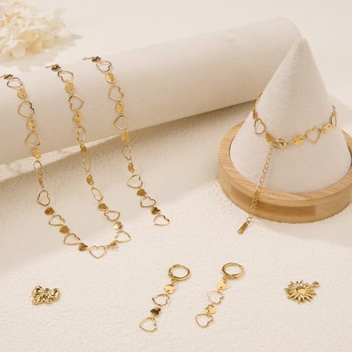 KYUNHOO 4 Meters Heart Chains for Jewelry Making Gold Plated Stainless Steel Chain Bulk on Spool for Women Make Crafts with Lobster Clasps Jump Rings - color: Heart Gold